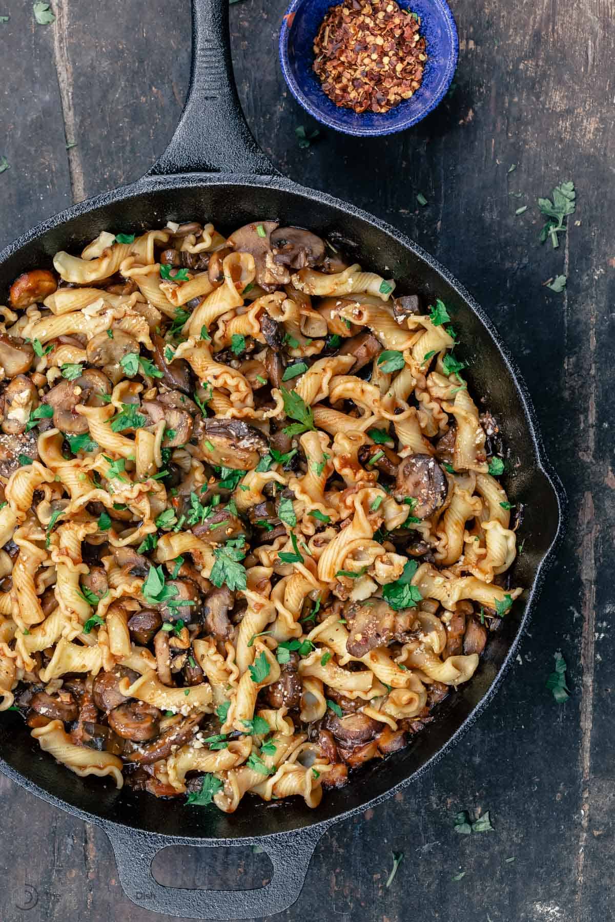 Mushroom pasta in a cast iron skillet