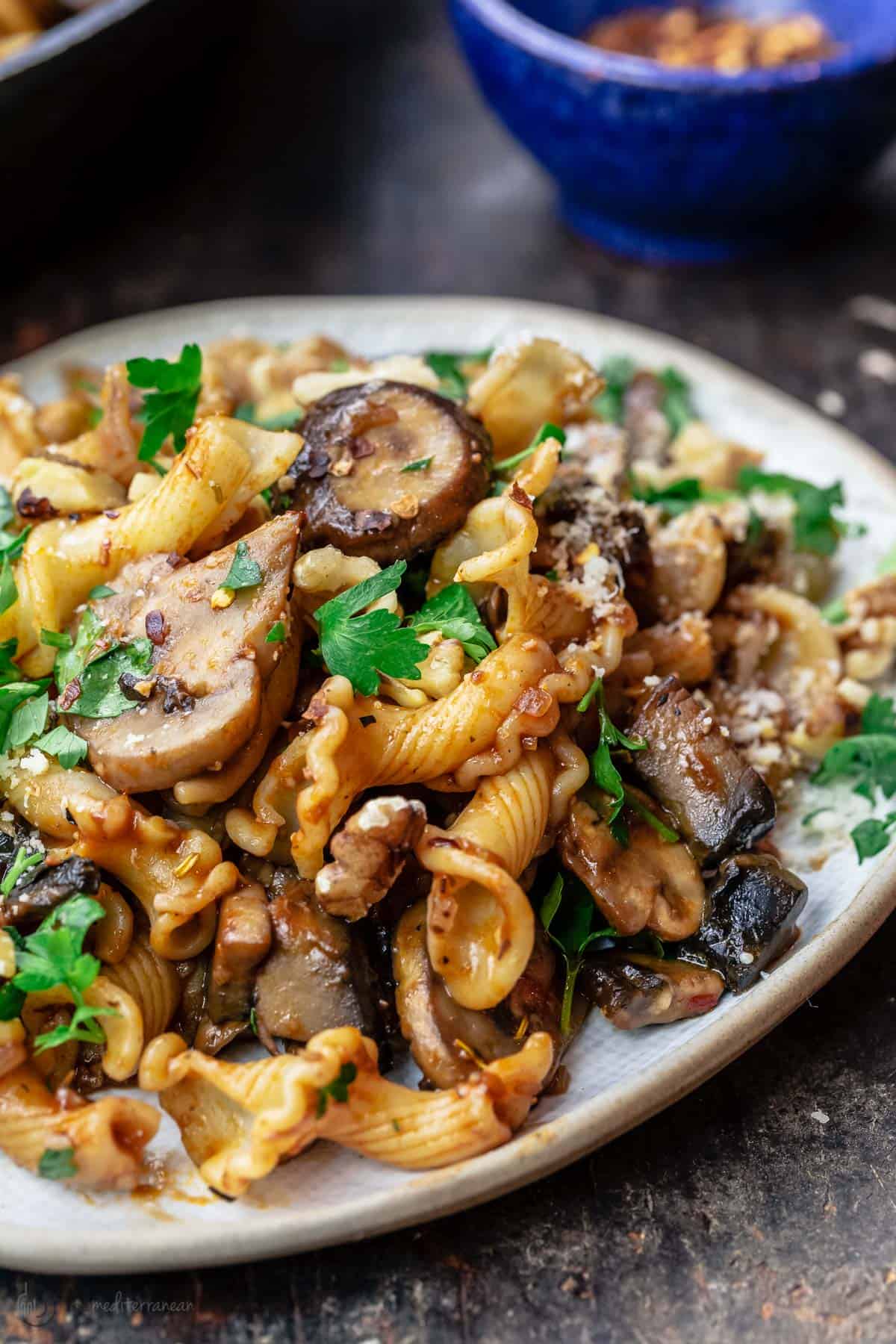 Mushroom pasta served on plate