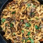 A skillet with mushroom pasta