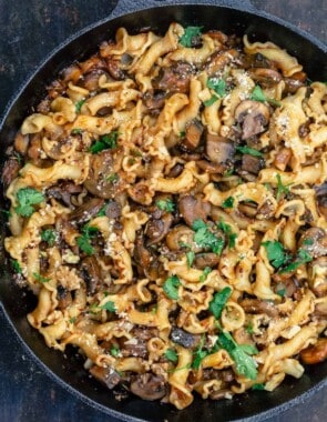 A skillet with mushroom pasta