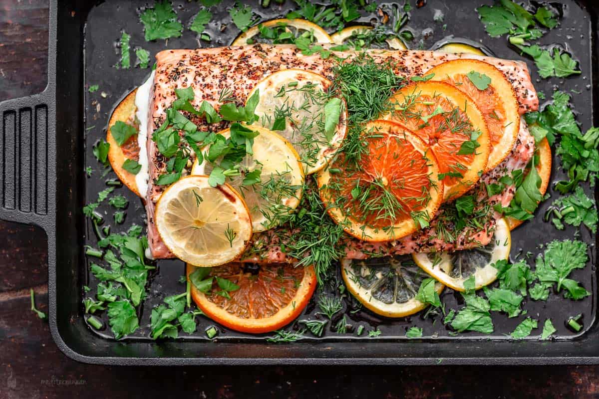 Salmon baked in cast iron skillet