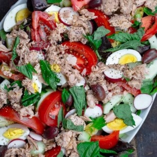 A Nicoise Tuna Salad on a Silver Platter on Top of a Picnic Table