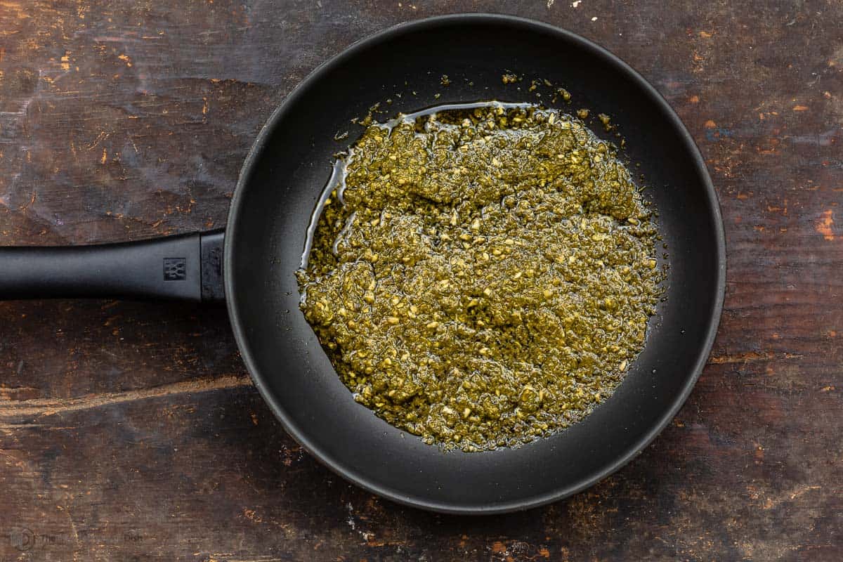 Pesto sauce in frying pan