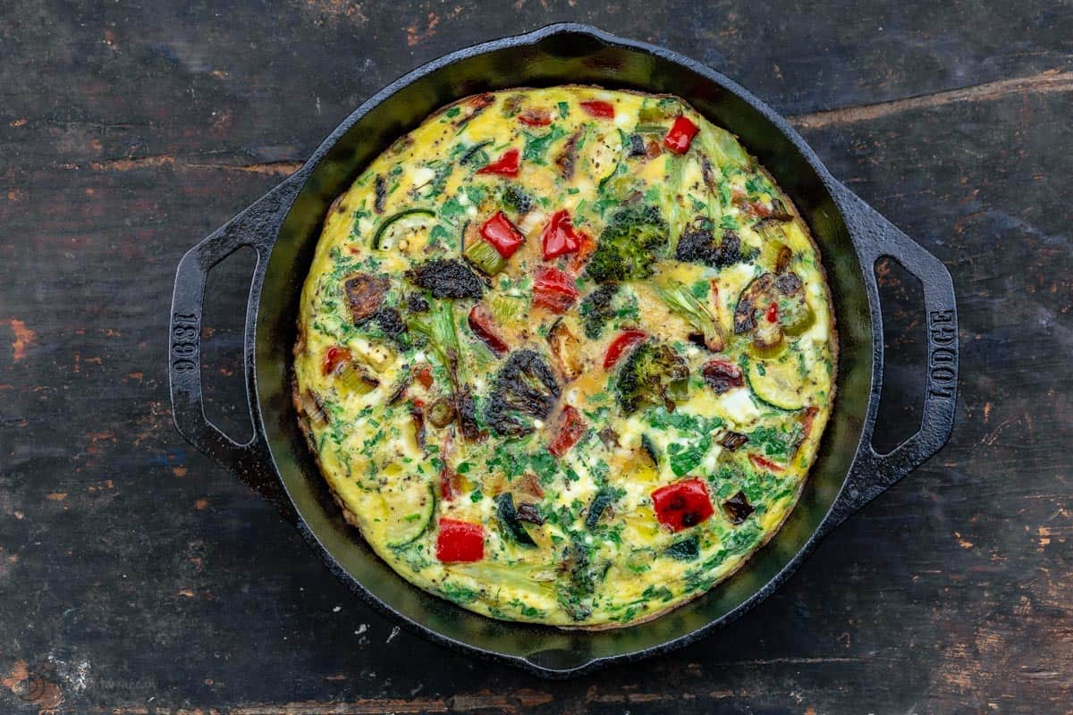 A Homemade Vegetable Frittata in a Lodge Skillet with Two Handles