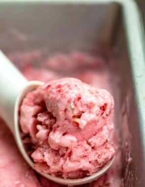 a scoop of homemade frozen yogurt in the container