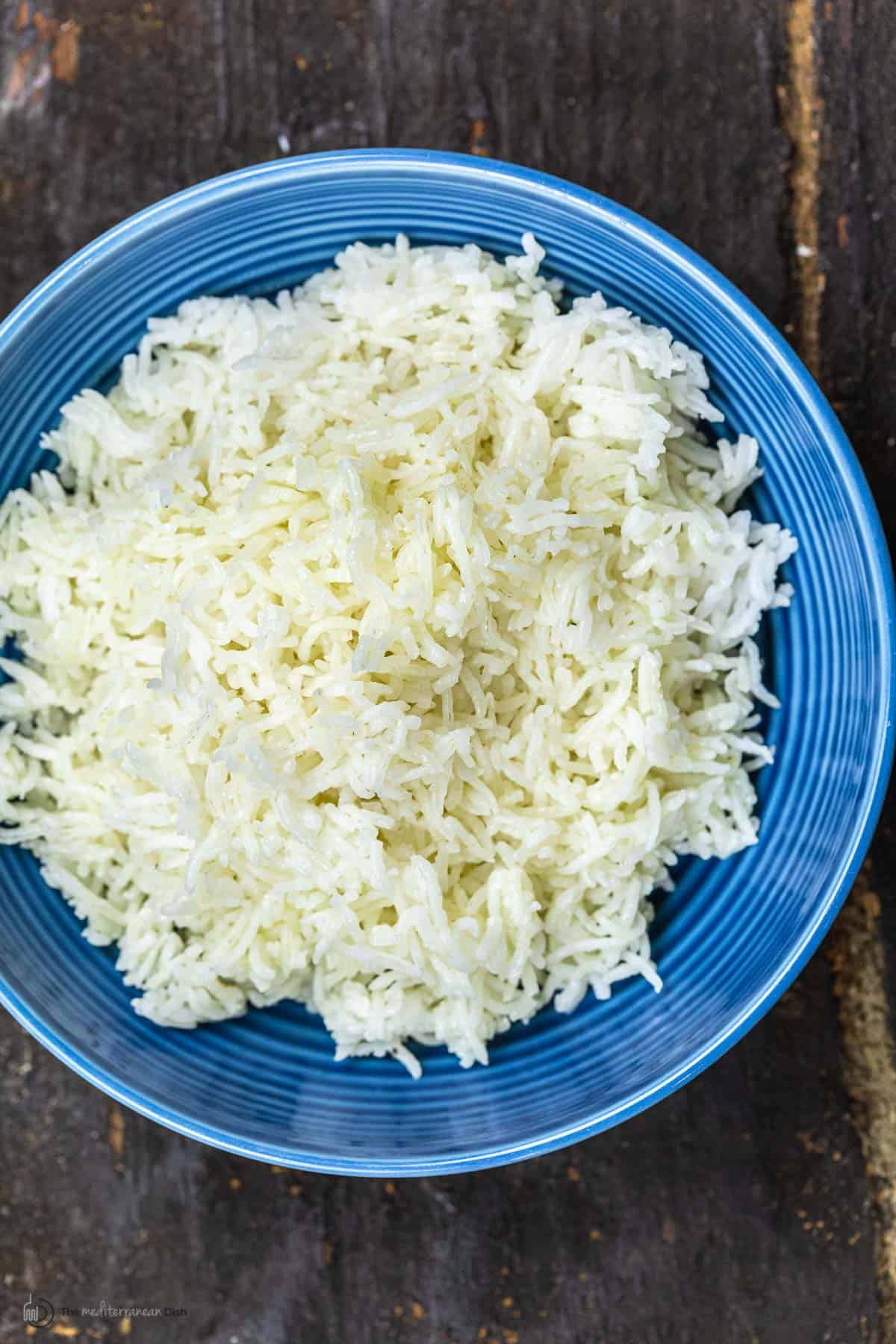 A blue plate of basmati rice