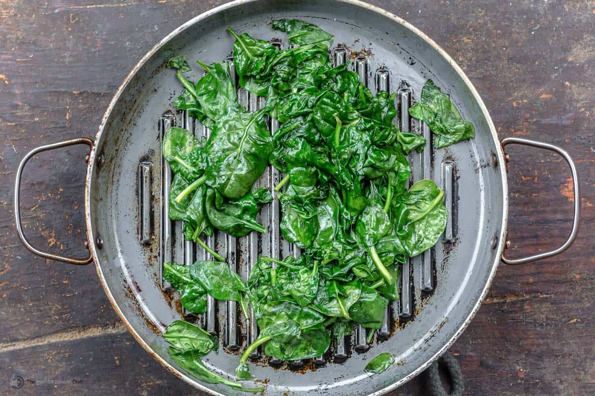 sauteed spinach in the grill pan