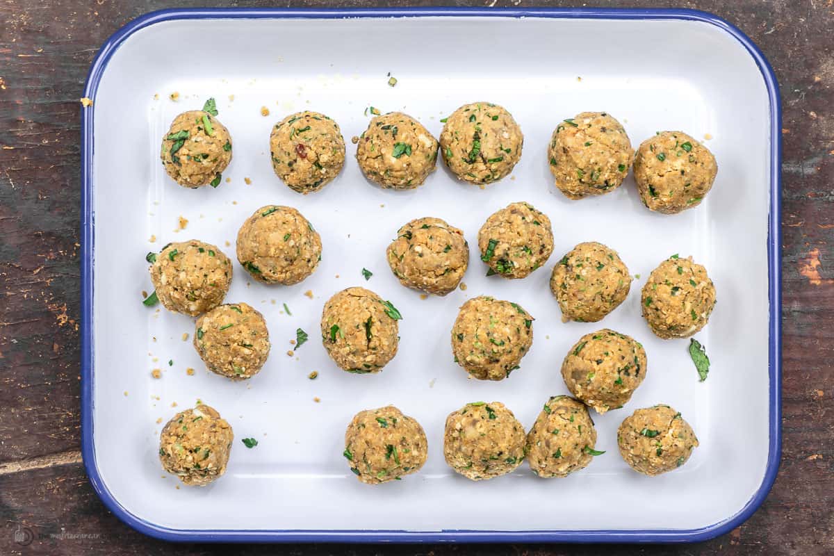 Vegan meatballs on a baking sheet