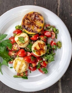 A plate of scallops over salsa