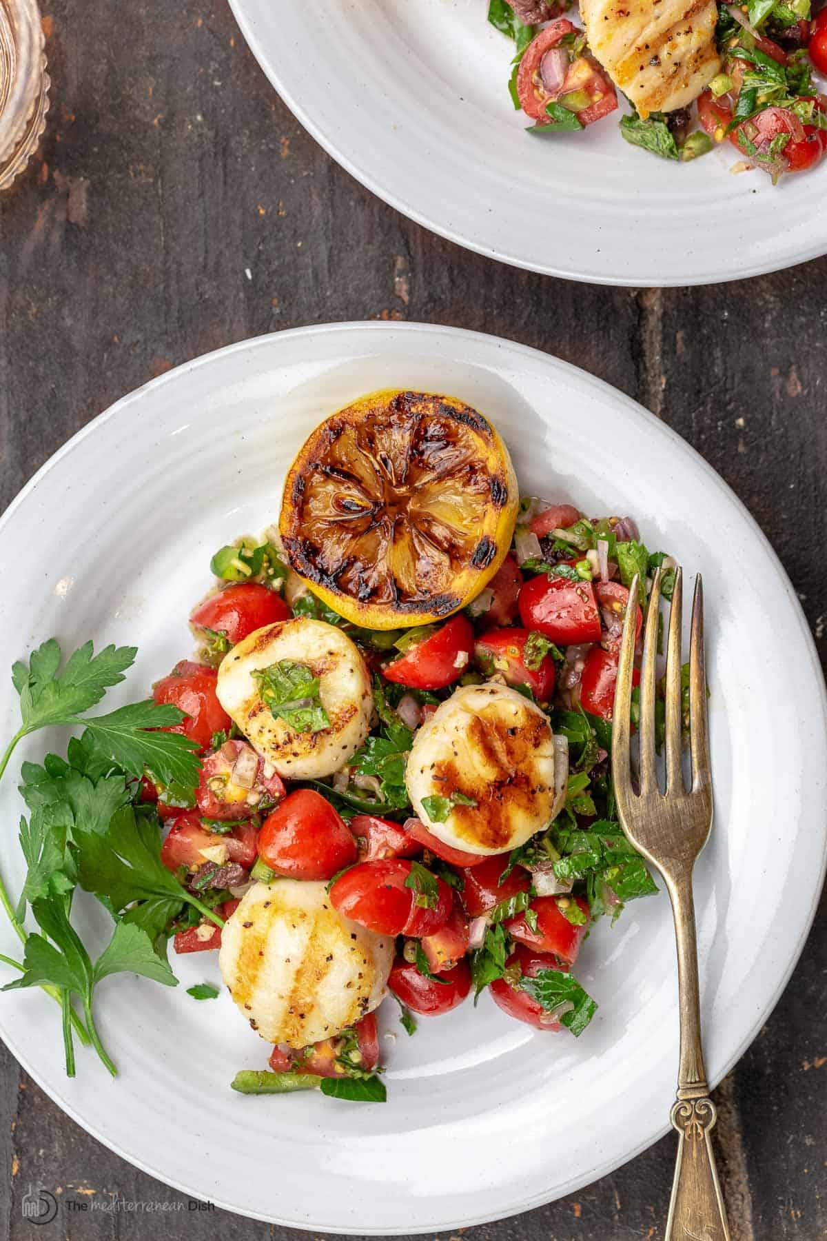 Aerial view of grilled scallops over salsa with a grilled lemon