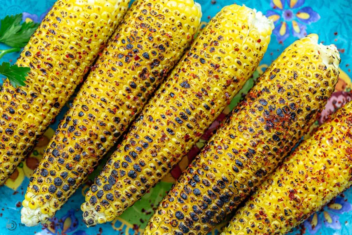 A close-up of grilled corn on the cob