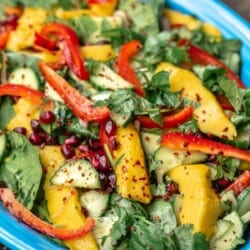 Savory mango salad on a blue plate