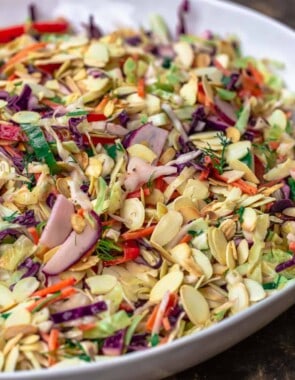 A close-up of a bowl of coleslaw without mayo