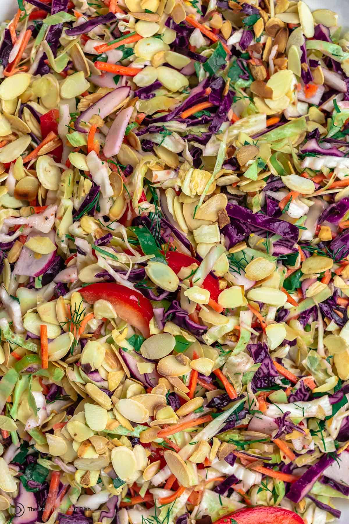 Close-up of a Mediterranean Cabbage Salad with sliced almonds, cabbage, red peppers, radishes and carrots