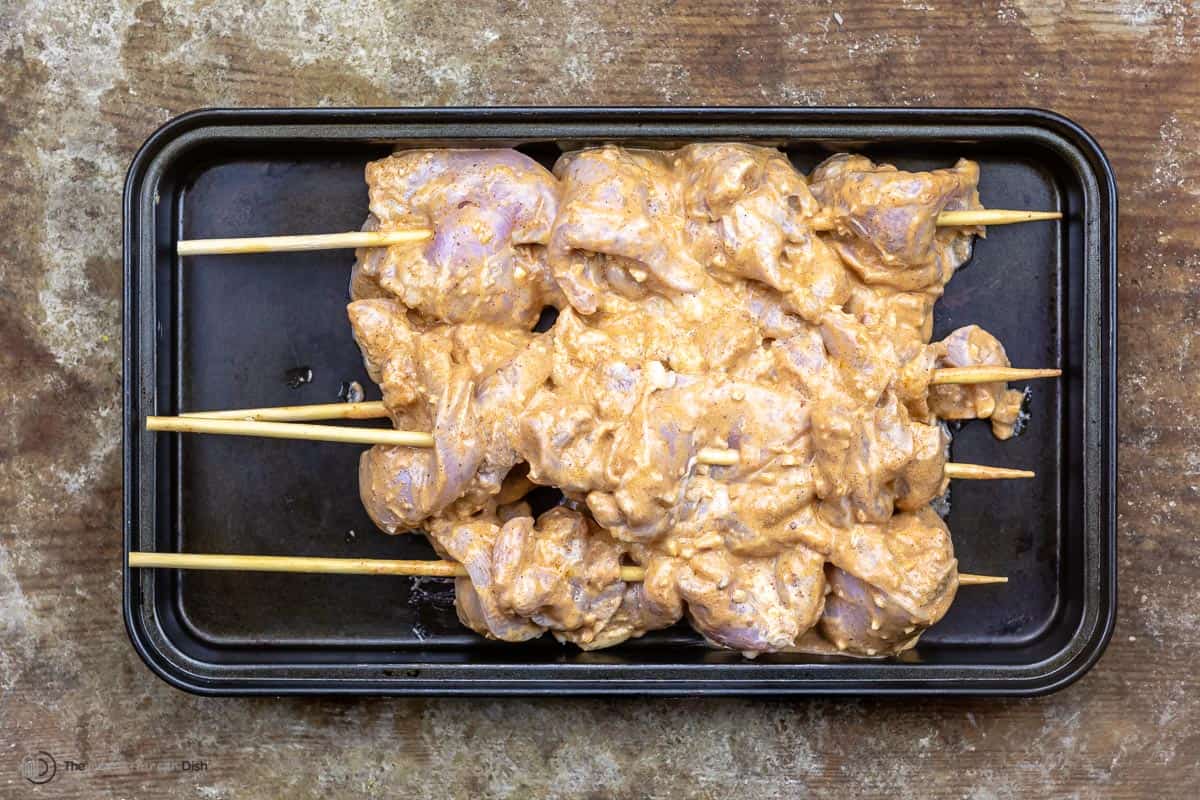 Middle Eastern chicken skewers ready to be grilled