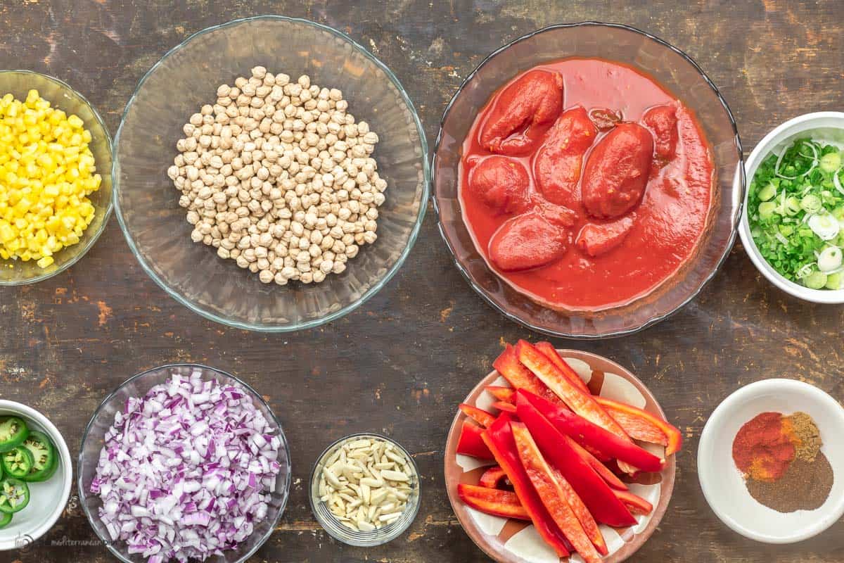 Chickpea chili ingredients cut and measured