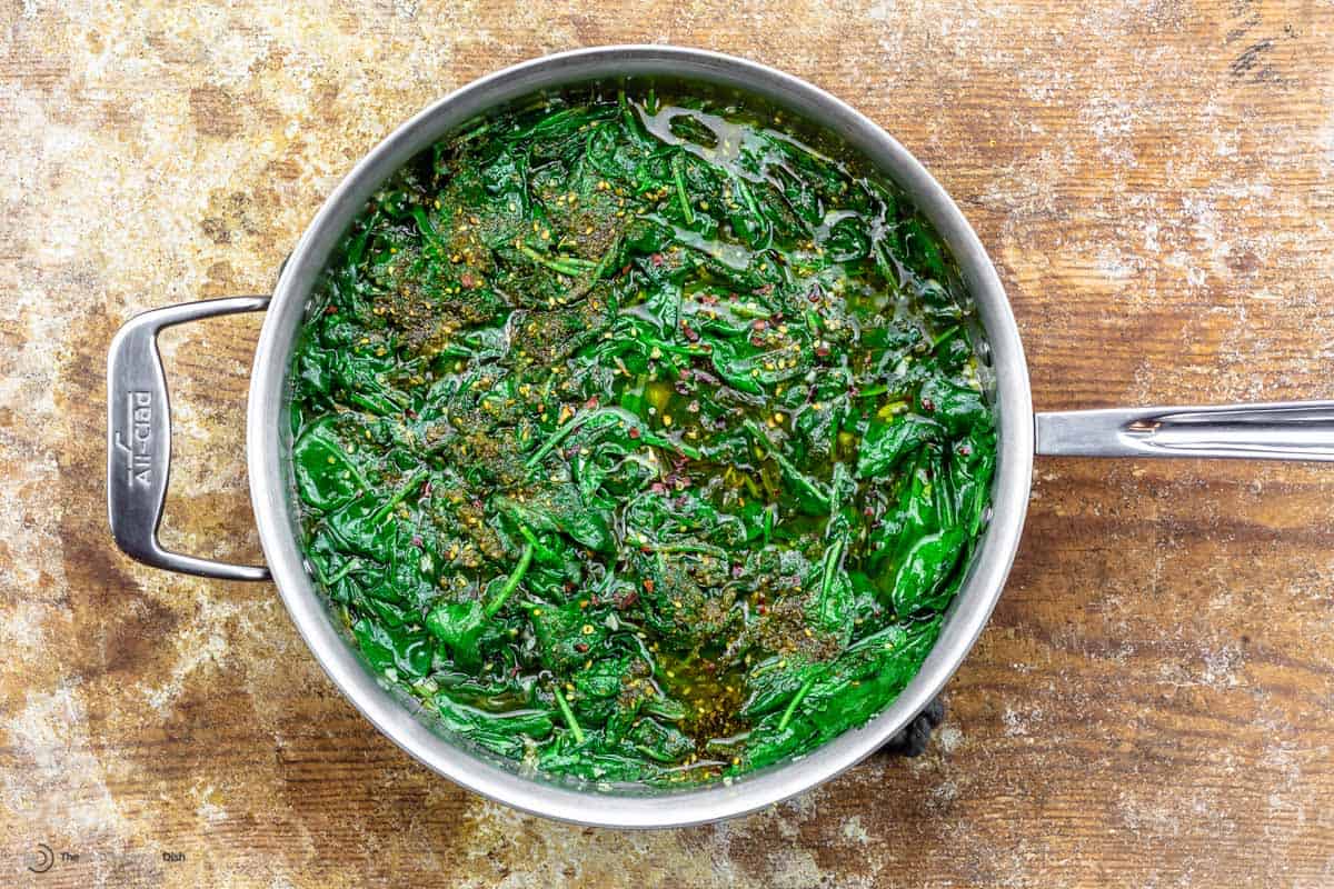 Wilted spinach in a skillet