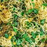 Close-up of garlic pasta with spinach