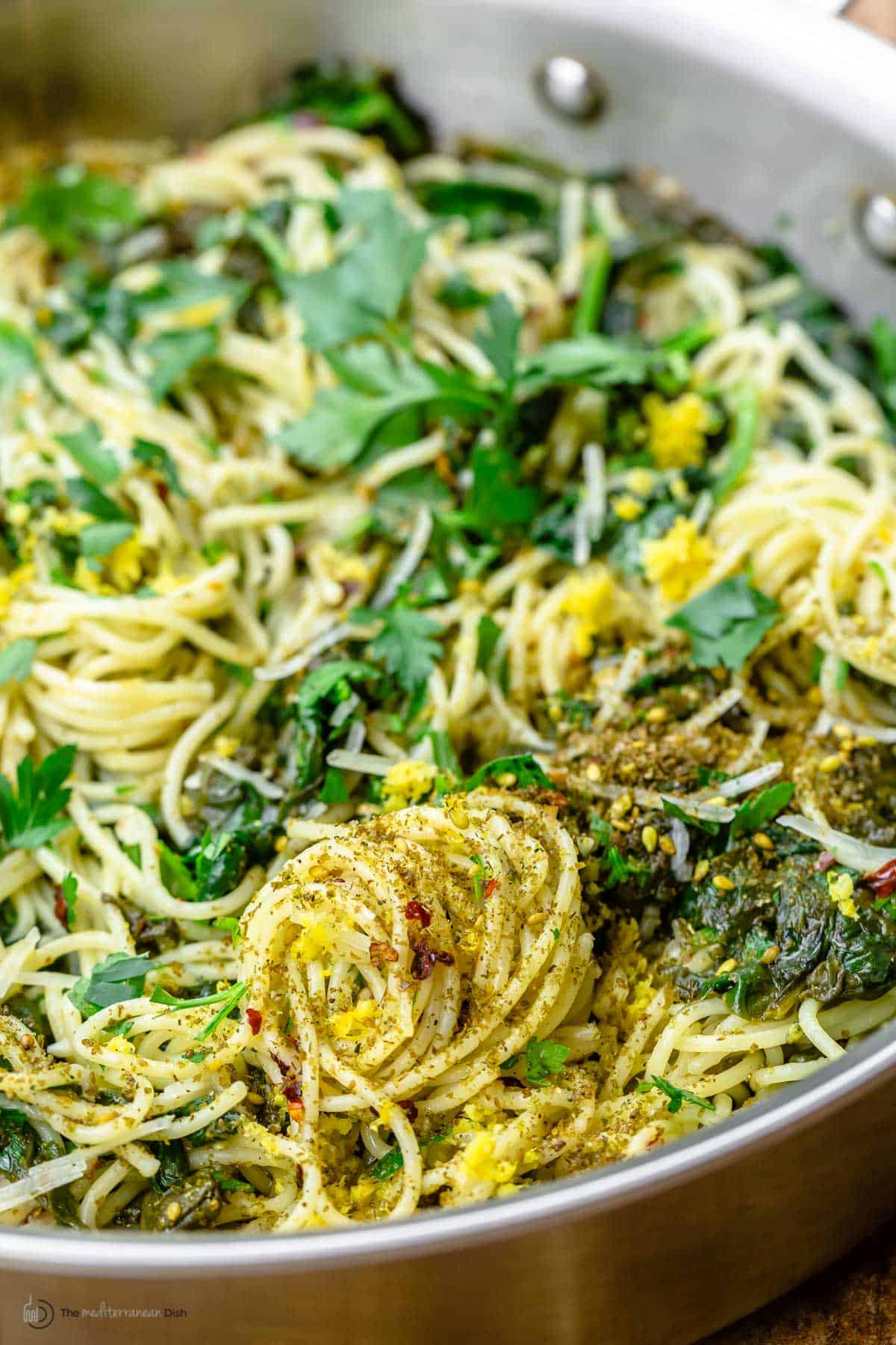 Close-up of spinach pasta