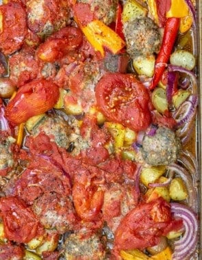 Baked meatballs with vegetables and tomatoes