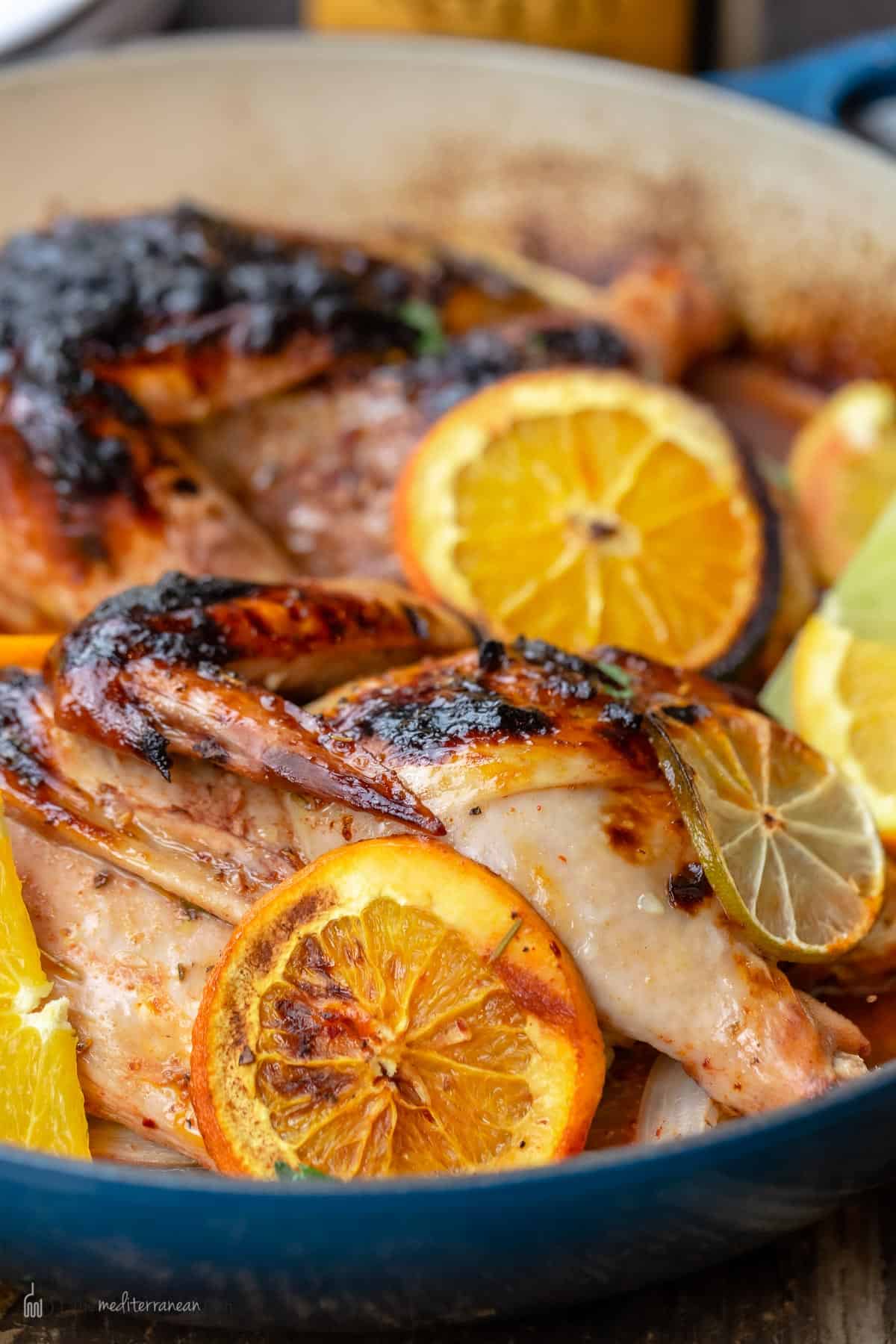 Side view of roasted rosemary chicken with orange and lime slices