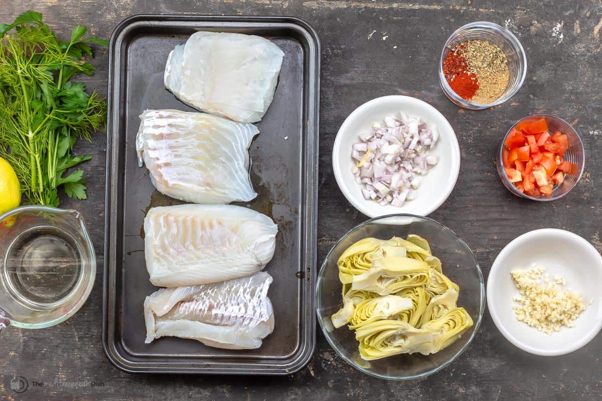 Overhead view of lemon haddock recipe ingredients