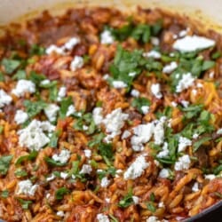 Close-up of Greek lamb stew garnished with feta and parsley