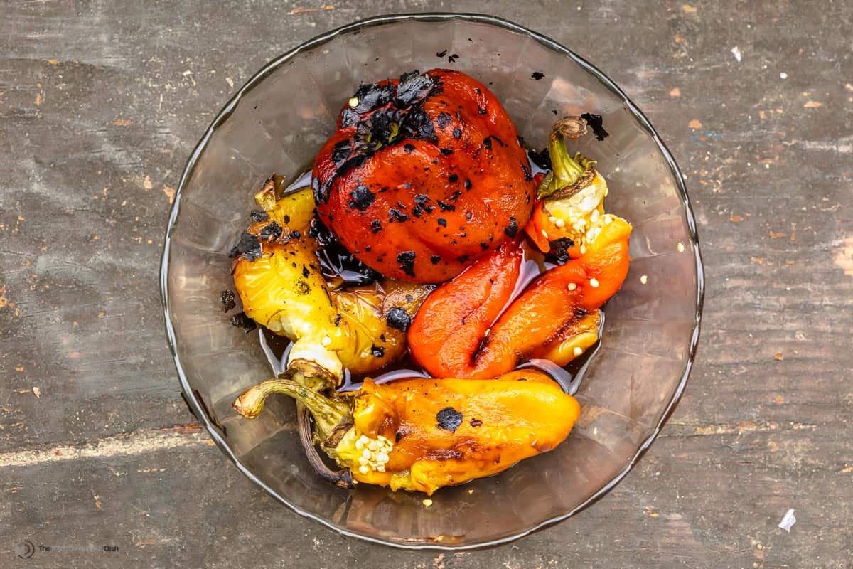 Roasted peppers in a glass bowl