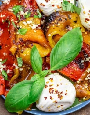 Overhead view of roasted bell peppers with burrata and seasoning