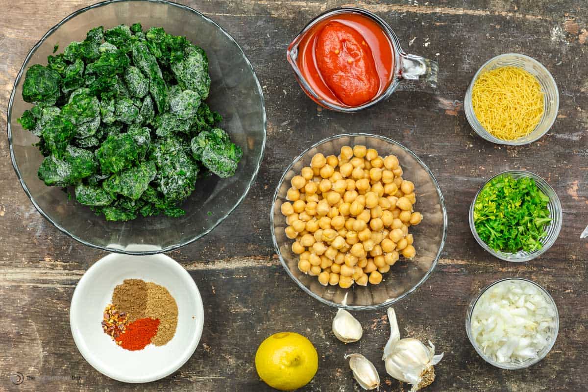 Overhead view of spinach stew ingredients