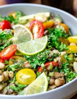 Mediterranean white bean and sardine salad in a white bowl