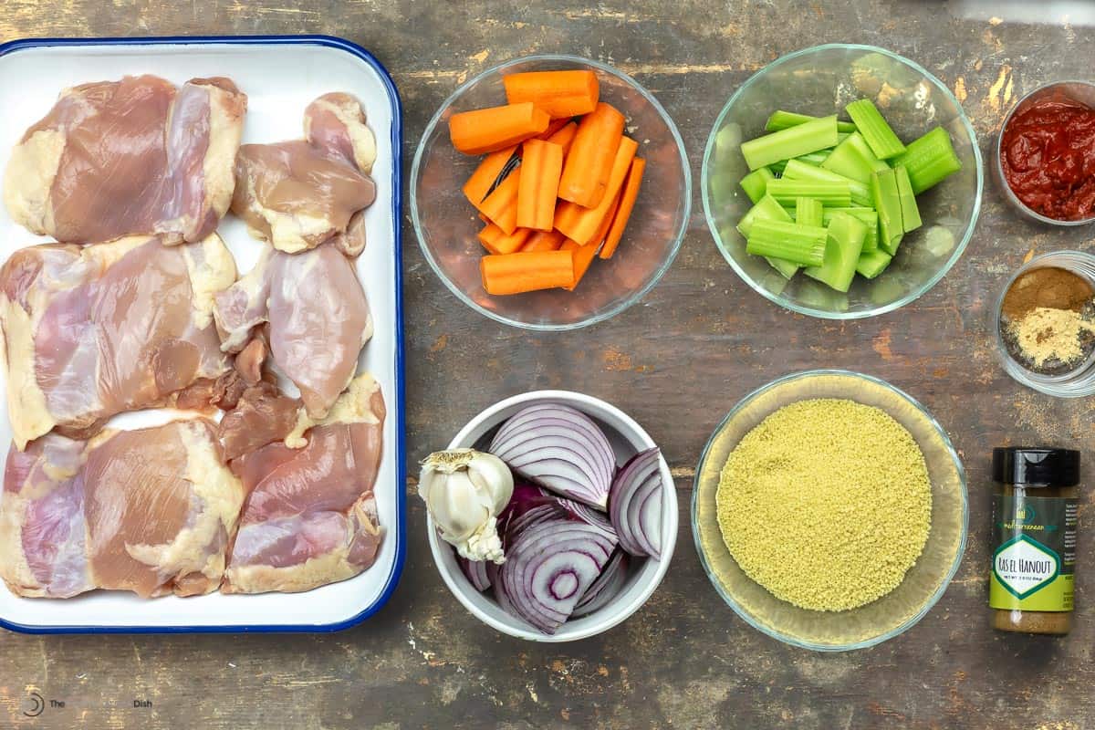 Overhead view of Moroccan-inspired chicken ingredients