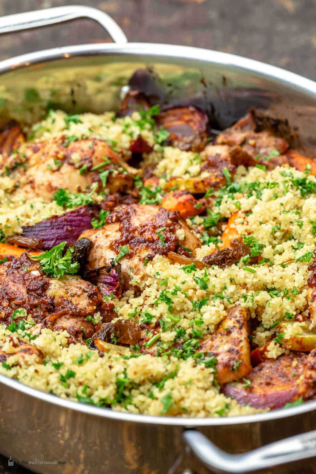 Couscous chicken in a silver pan