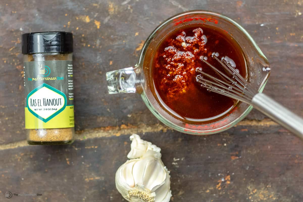 Overhead view of moroccan-inspired chicken marinade