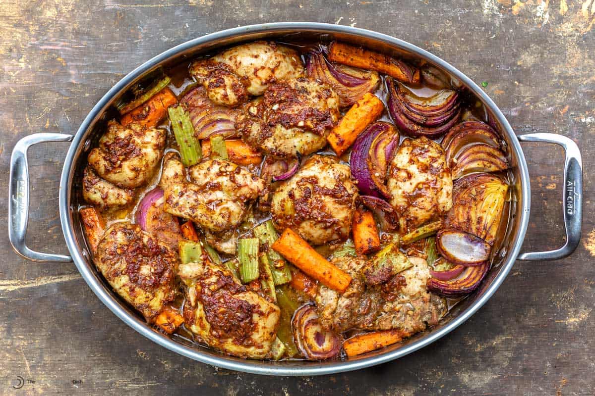 Overhead view of freshly baked chicken couscous