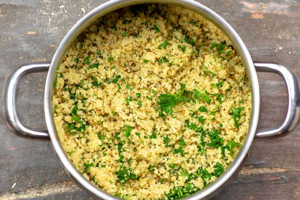 Couscous with parsley in a pot