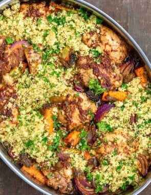 Overhead view of chicken and couscous