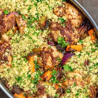 Overhead view of chicken and couscous