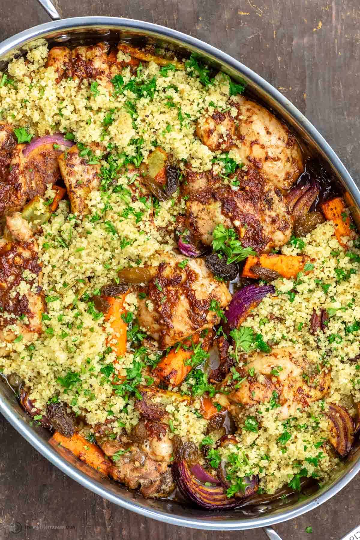 Overhead view of chicken and couscous