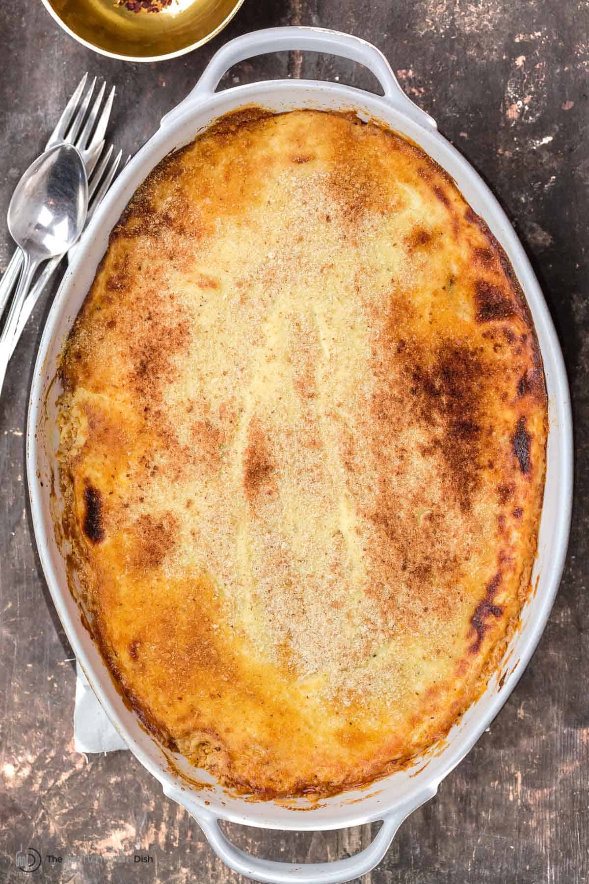 Eggplant moussaka in a casserole