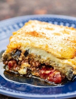 One slice of moussaka with meat sauce and bechamel topping