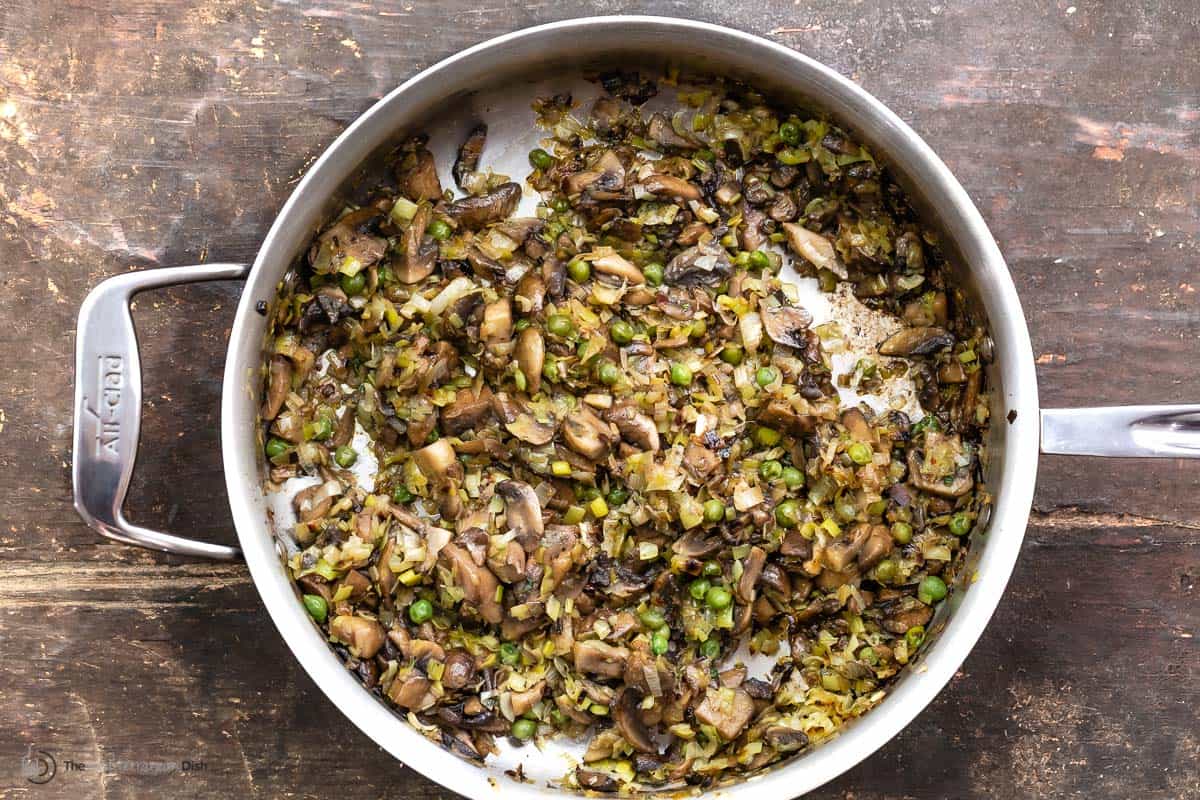 Mushrooms and leeks in a pan