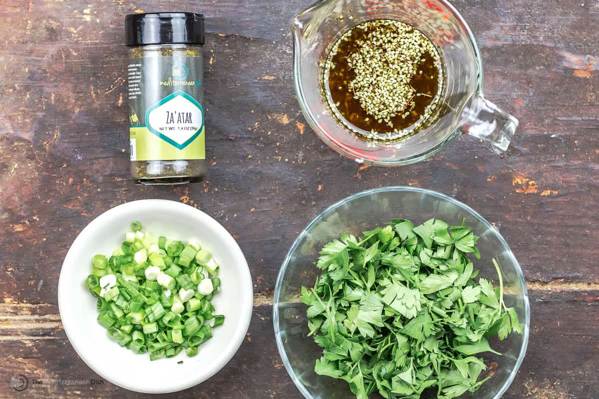 ingredients includign za'atar, parsley, garlic, and scallions for smashed potatoes