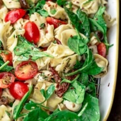 Close-up of spinach tortellini salad