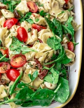 Close-up of spinach tortellini salad