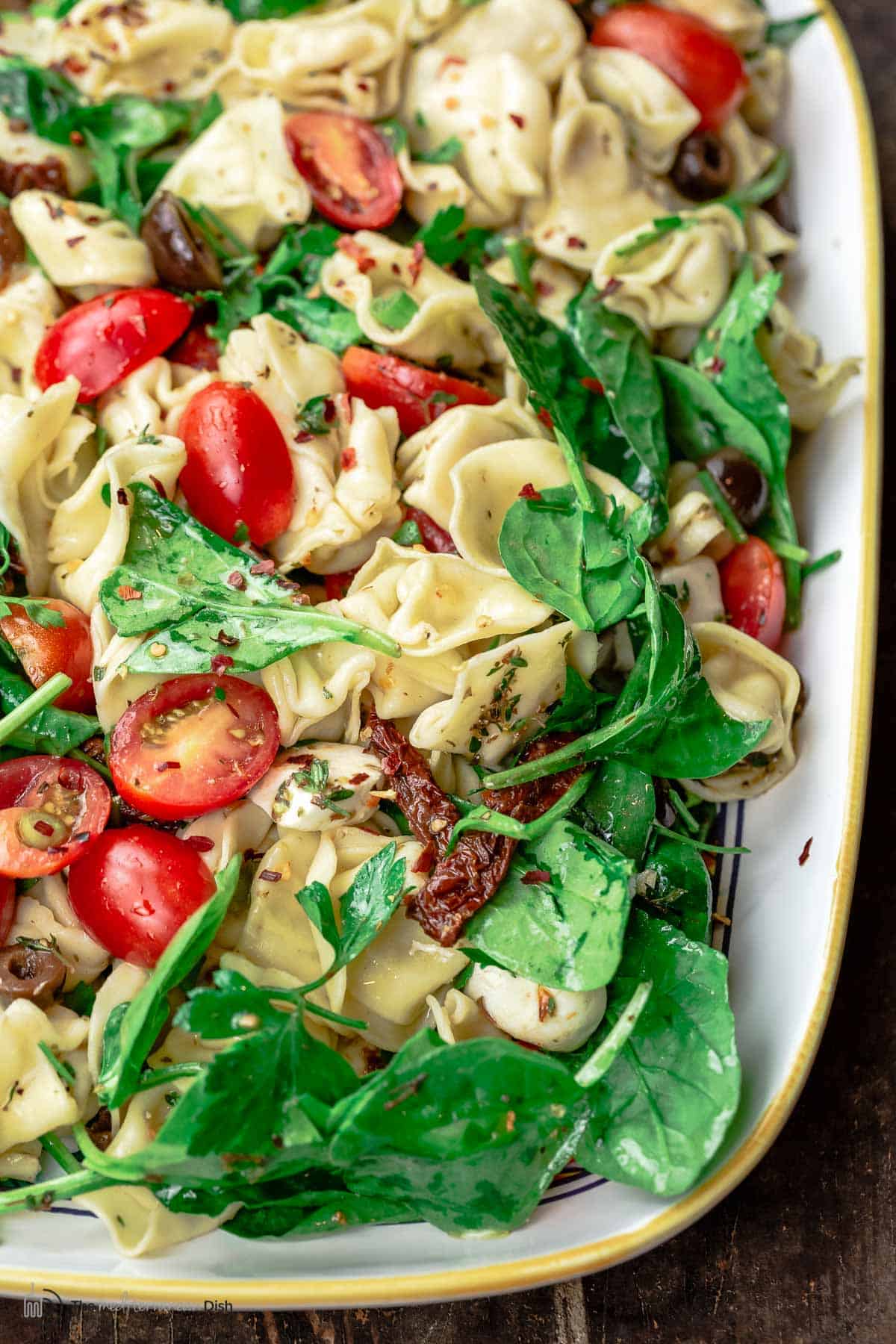 Close-up of spinach tortellini salad