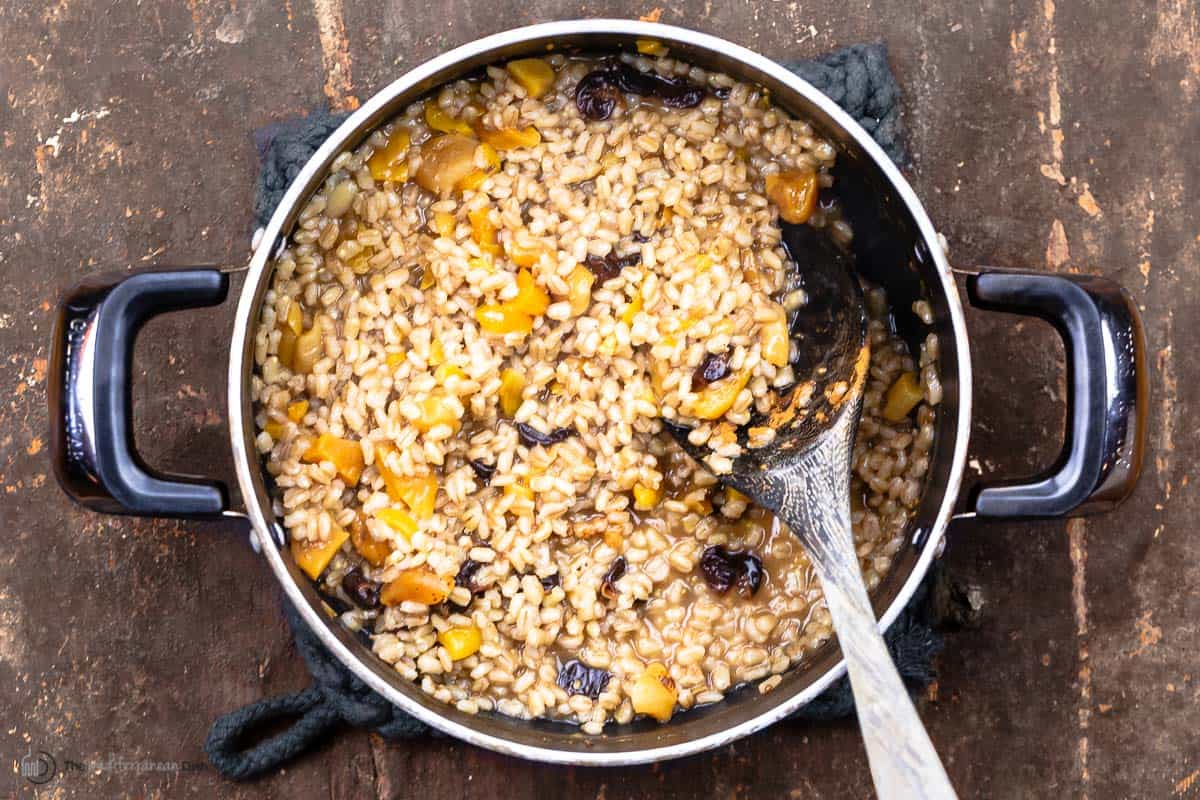 pearled barley fully cooked with raisins and dried apricots