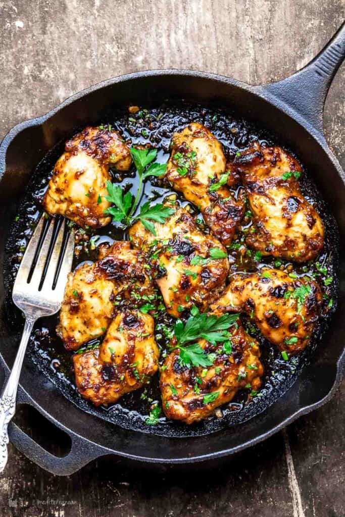 balsamic chicken in a cast iron skillet