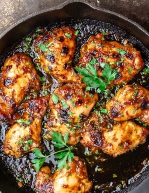 balsamic glazed chicken in a cast iron skillet