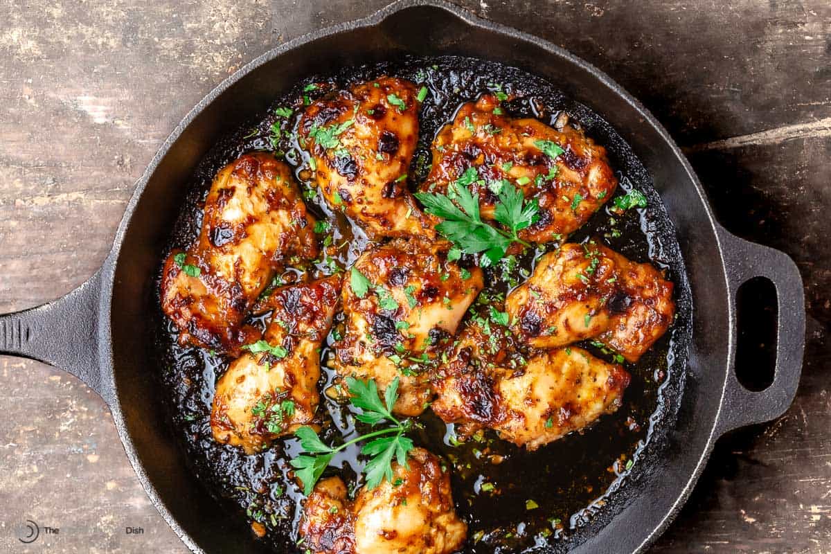 balsamic glazed chicken in a cast iron skillet